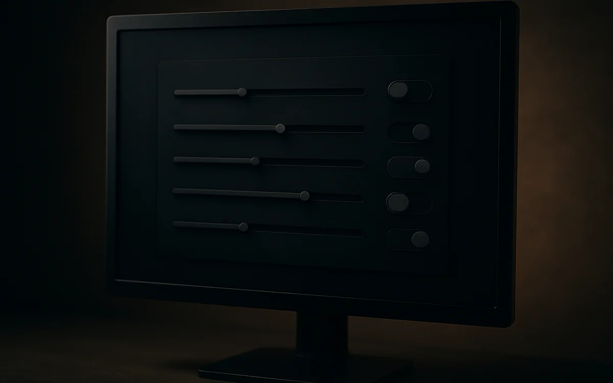 Tela de configuração antes de abrir o jogo Monitor exibindo uma tela de configuração genérica em um ambiente com pouca luz