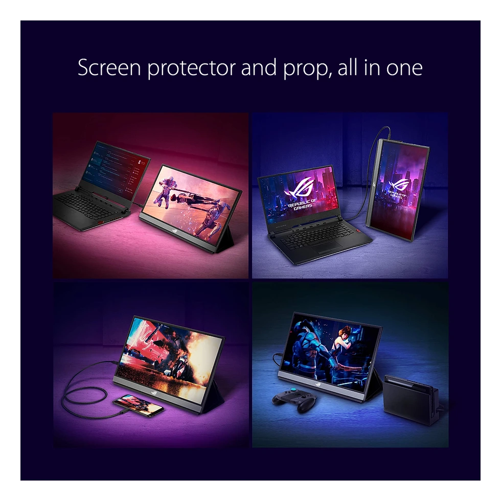 ASUS ROG Strix XG17AHPE com bateria ASUS ROG Strix XG17AHPE de 17,3 polegadas com a tela ligada e suporte aberto