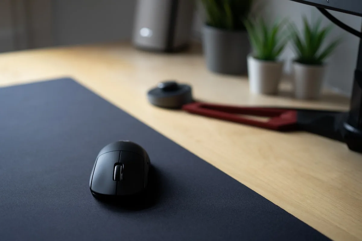 Mousepad gamer híbrido sobre mesa de setup com mouse gamer e teclado mecânico