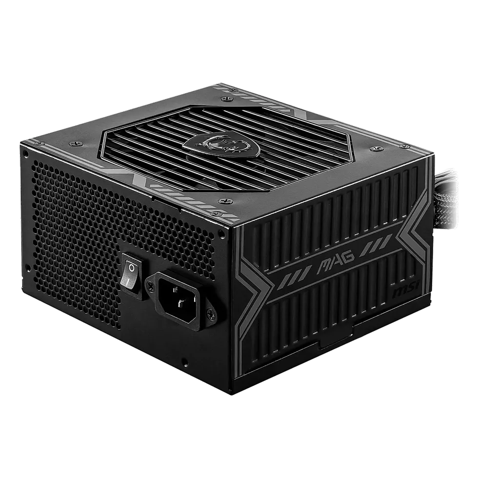 Fonte MSI MAG A650BN na cor preta, com grade frontal ventilada e conector de energia traseiro