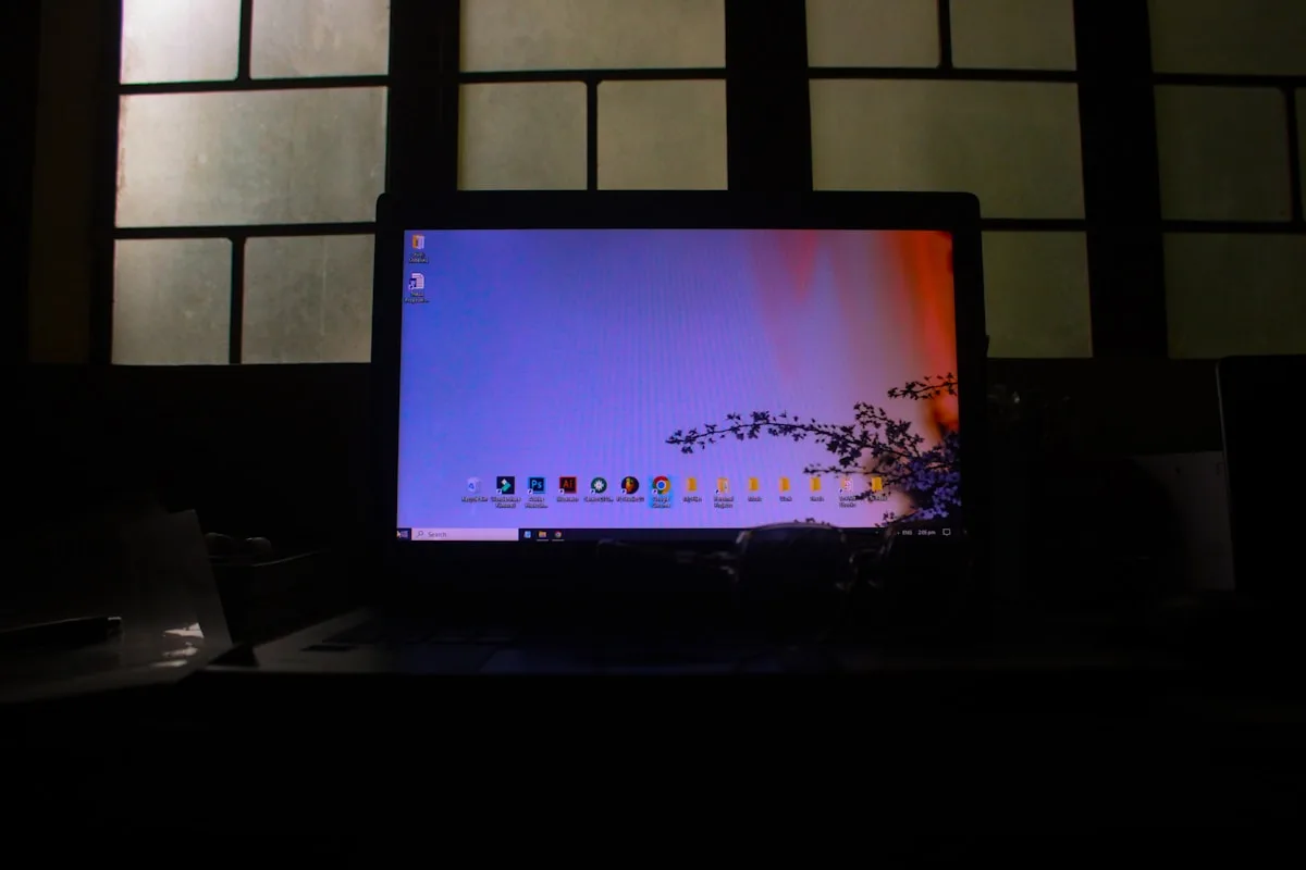 Tela acesa em ambiente totalmente escuro Tela de notebook brilhando sozinha em quarto completamente escuro, sem nenhuma luz ao redor