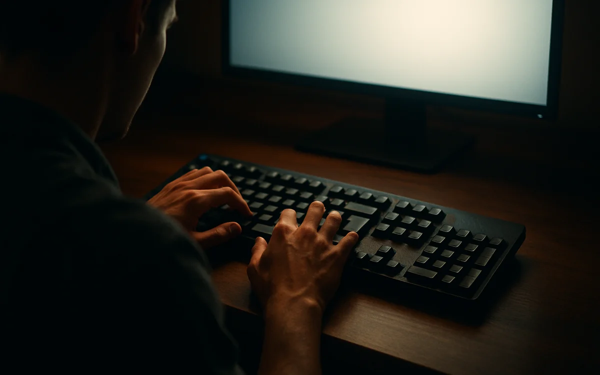 Foco total no teclado, no escuro Mãos digitando em um teclado mecânico enquanto o monitor ilumina o quarto escuro
