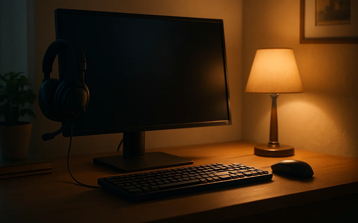 Estação de jogo pronta, à espera do login Monitor desligado ao lado de um headset pendurado, com teclado e mouse sobre a mesa
