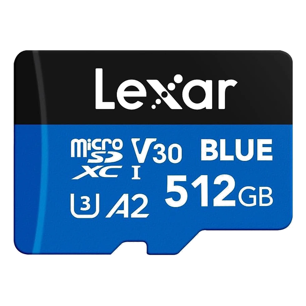 Cartão microSD Lexar Blue de 512GB azul e preto, selos V30 U3 A2 visíveis, fundo branco