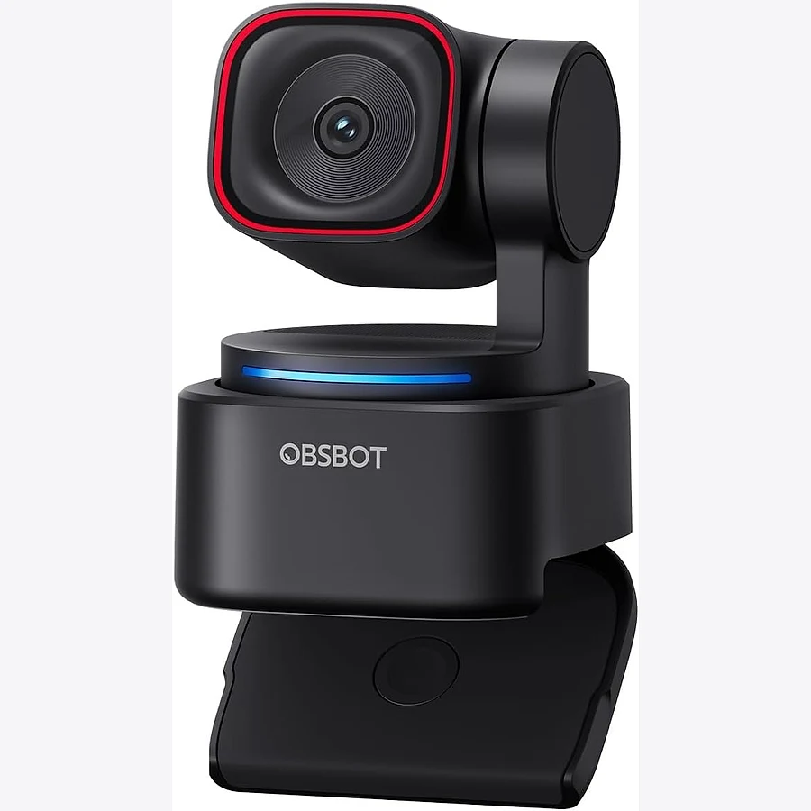 OBSBOT Tiny 3 webcam PTZ 4K com suporte magnético sobre monitor, fundo branco