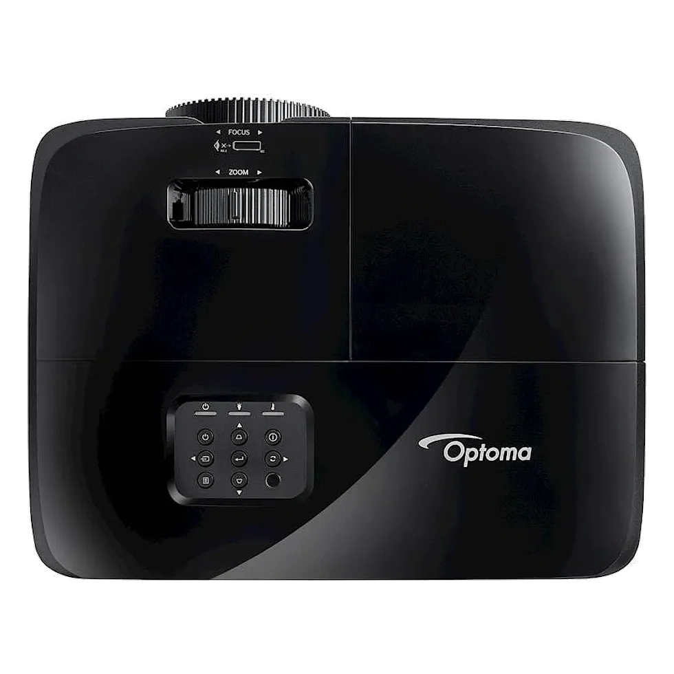 Projetor Optoma HD146X preto visto de cima, com anéis de foco e zoom e painel de controle
