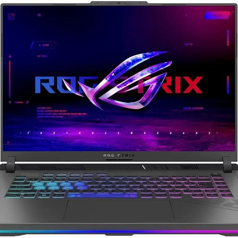 Asus ROG Strix G16 com iluminação ROG Aura RGB e design gamer agressivo visto de cima