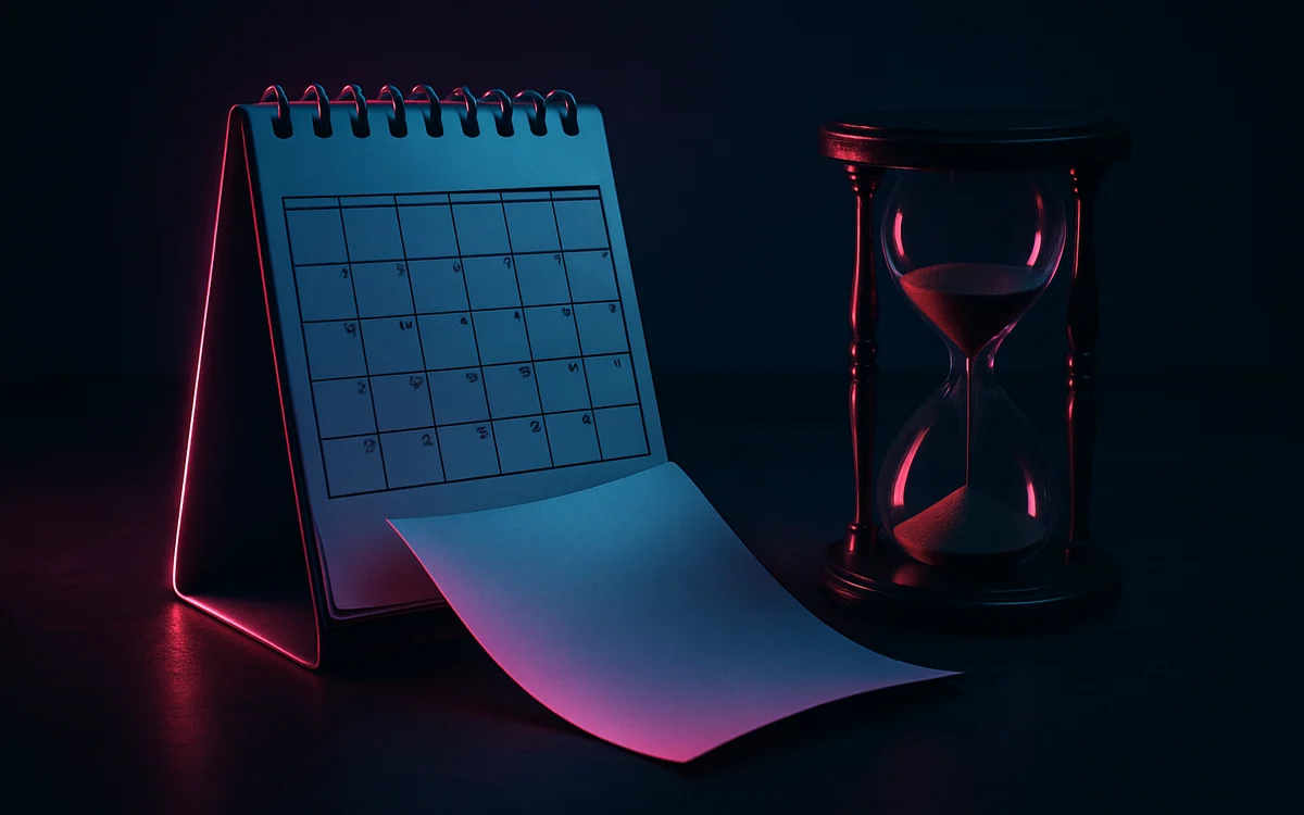 Linha do tempo dos adiamentos Mão virando as páginas de um calendário de mesa preso por uma espiral, com datas visíveis