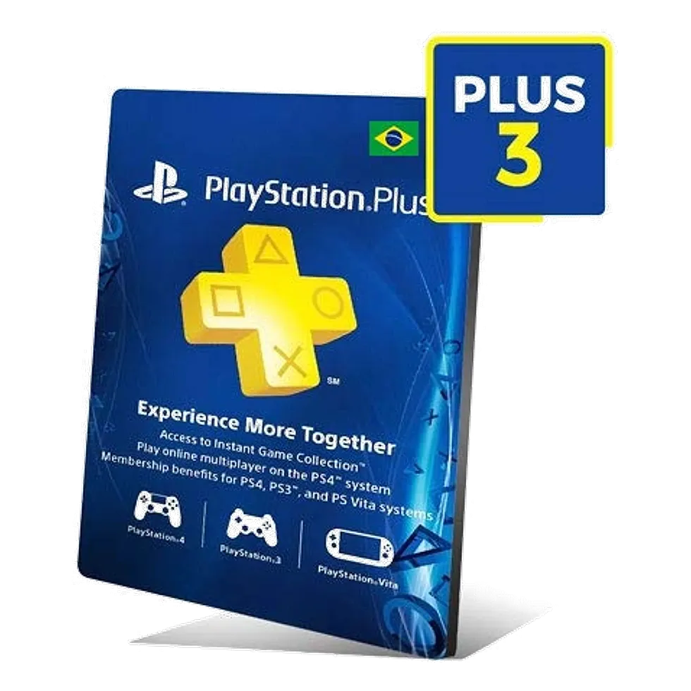 Cartão de assinatura PlayStation Plus de 3 meses com bandeira do Brasil e selo do plano em destaque
