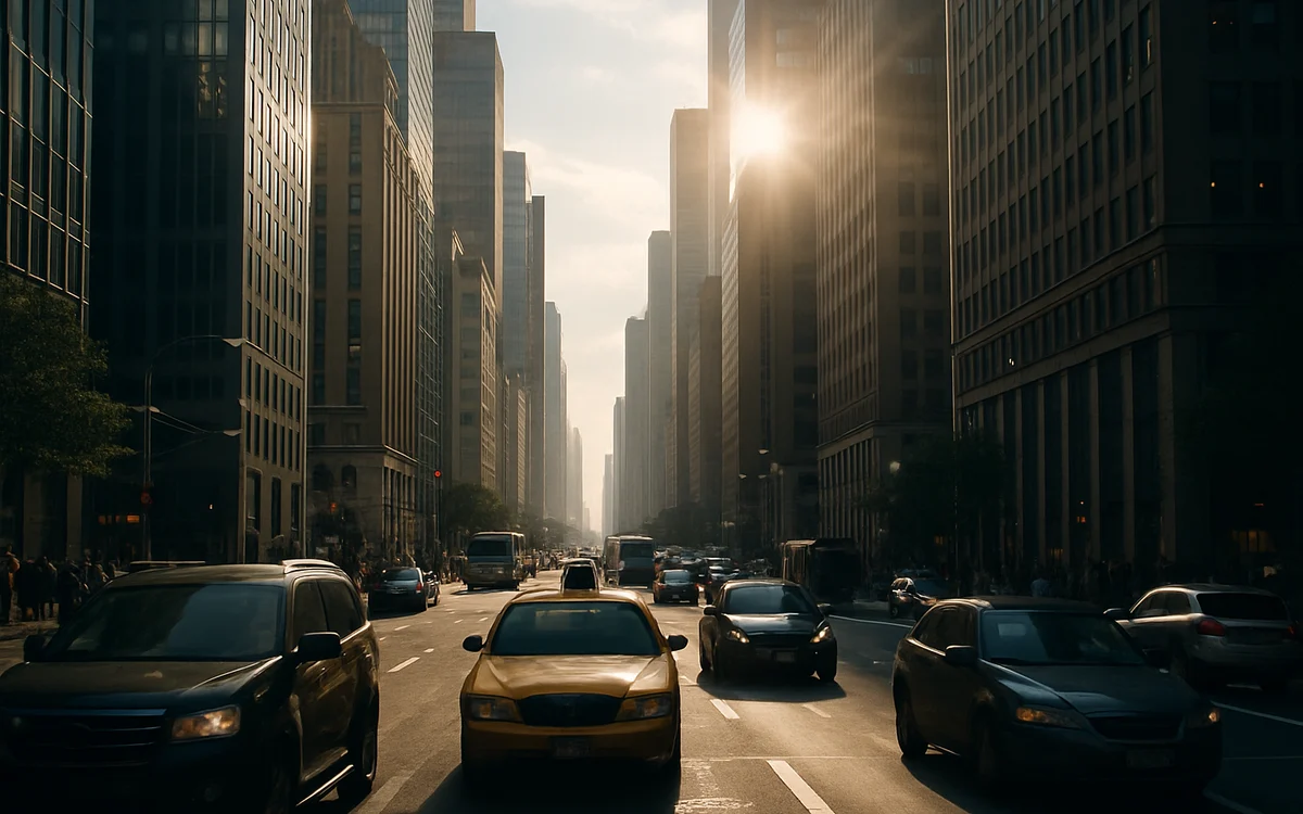 Avenida movimentada entre arranha-céus tem trânsito intenso sob o sol brilhando ao fundo
