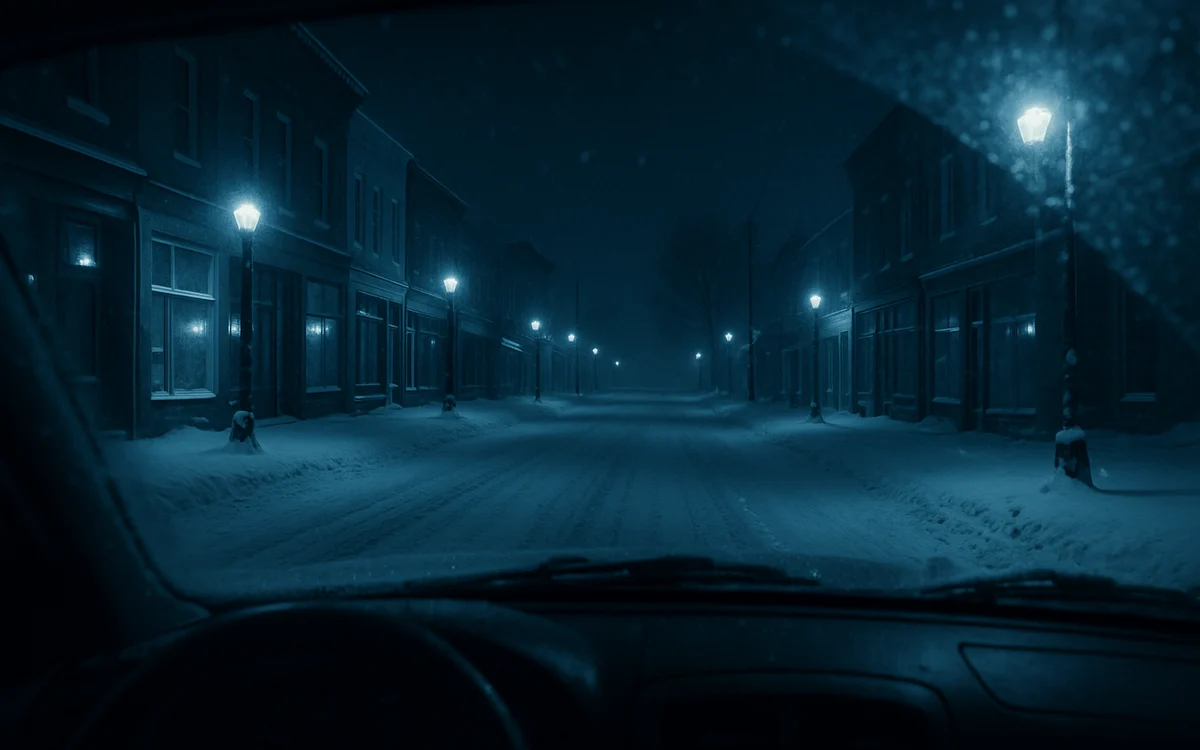 Rua coberta de neve é vista de dentro de um carro, com postes de luz acesos durante a noite