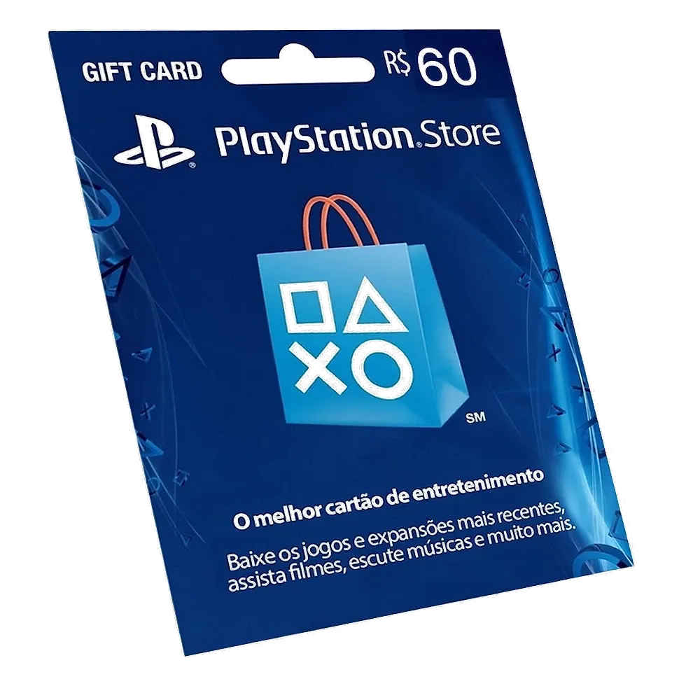 Cartão-presente PlayStation Store azul com o valor de R$ 60 e a sacola de compras da marca