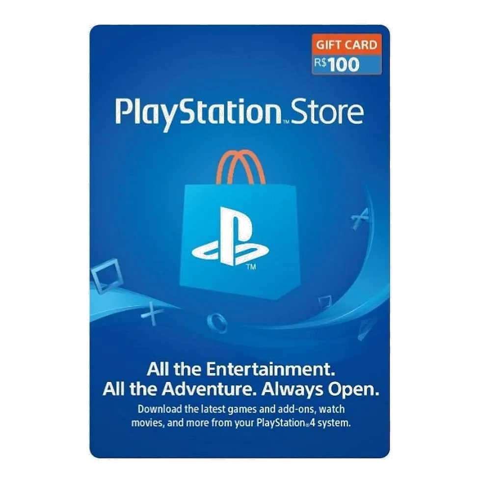 Cartão-presente PlayStation Store azul com o valor de R$ 100 e a sacola de compras da marca