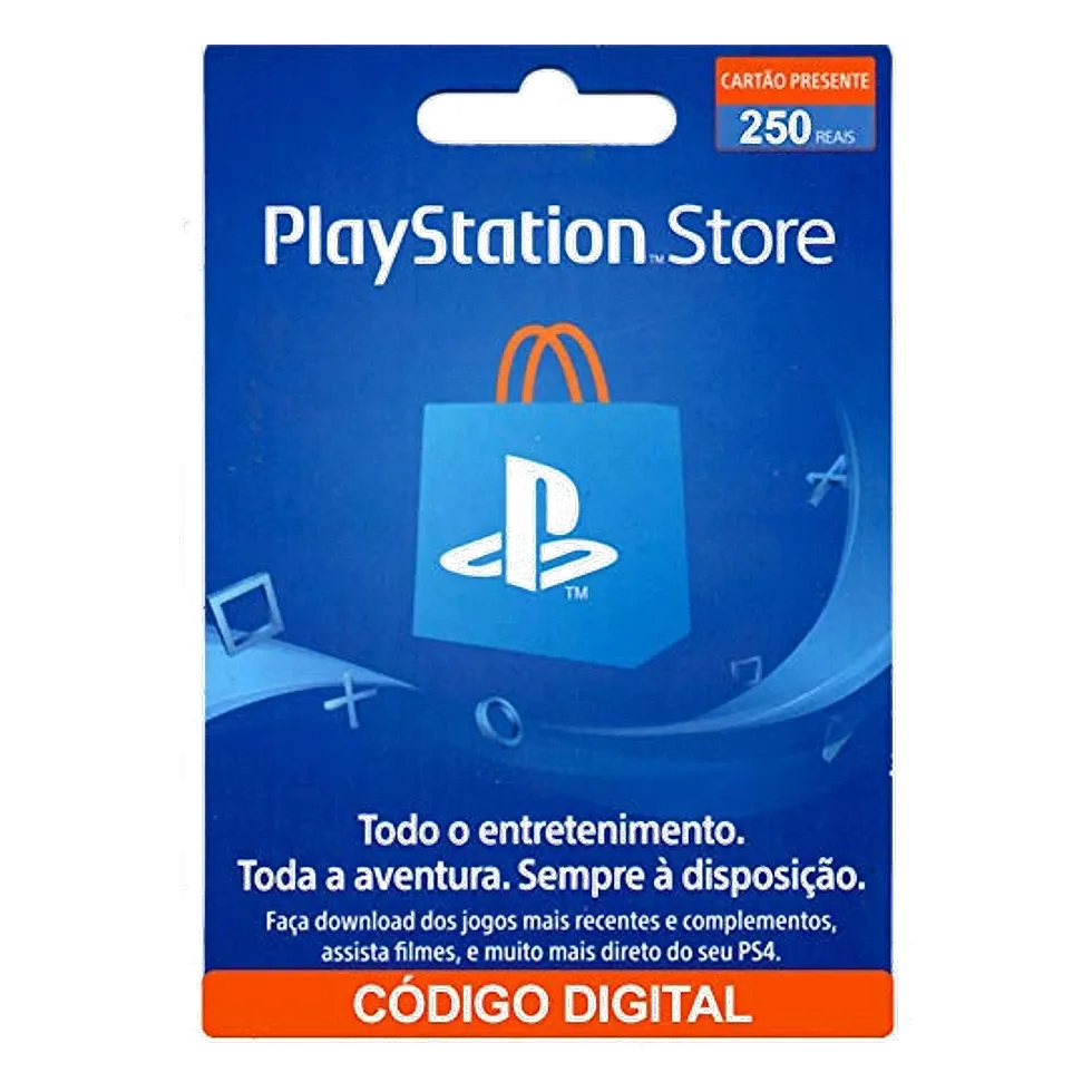 Cartão-presente digital PlayStation Store azul no valor de R$ 250 com selo de código digital