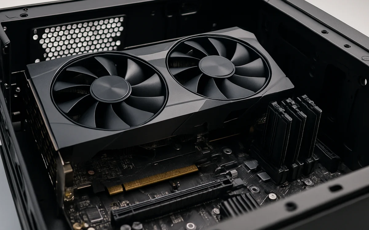 Computador gamer montado com gabinete aberto exibindo placa de vídeo e memória RAM instalados