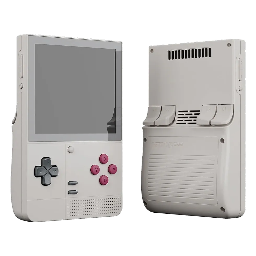 Retroid Pocket Classic branco visto de frente e de trás, com D-pad, botões coloridos e grade de ventilação traseira
