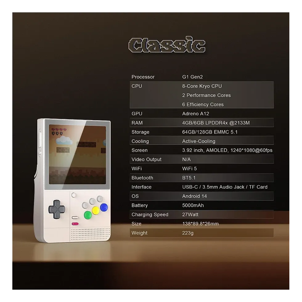Slide oficial de especificações do Retroid Pocket Classic listando processador, RAM, tela, bateria e dimensões
