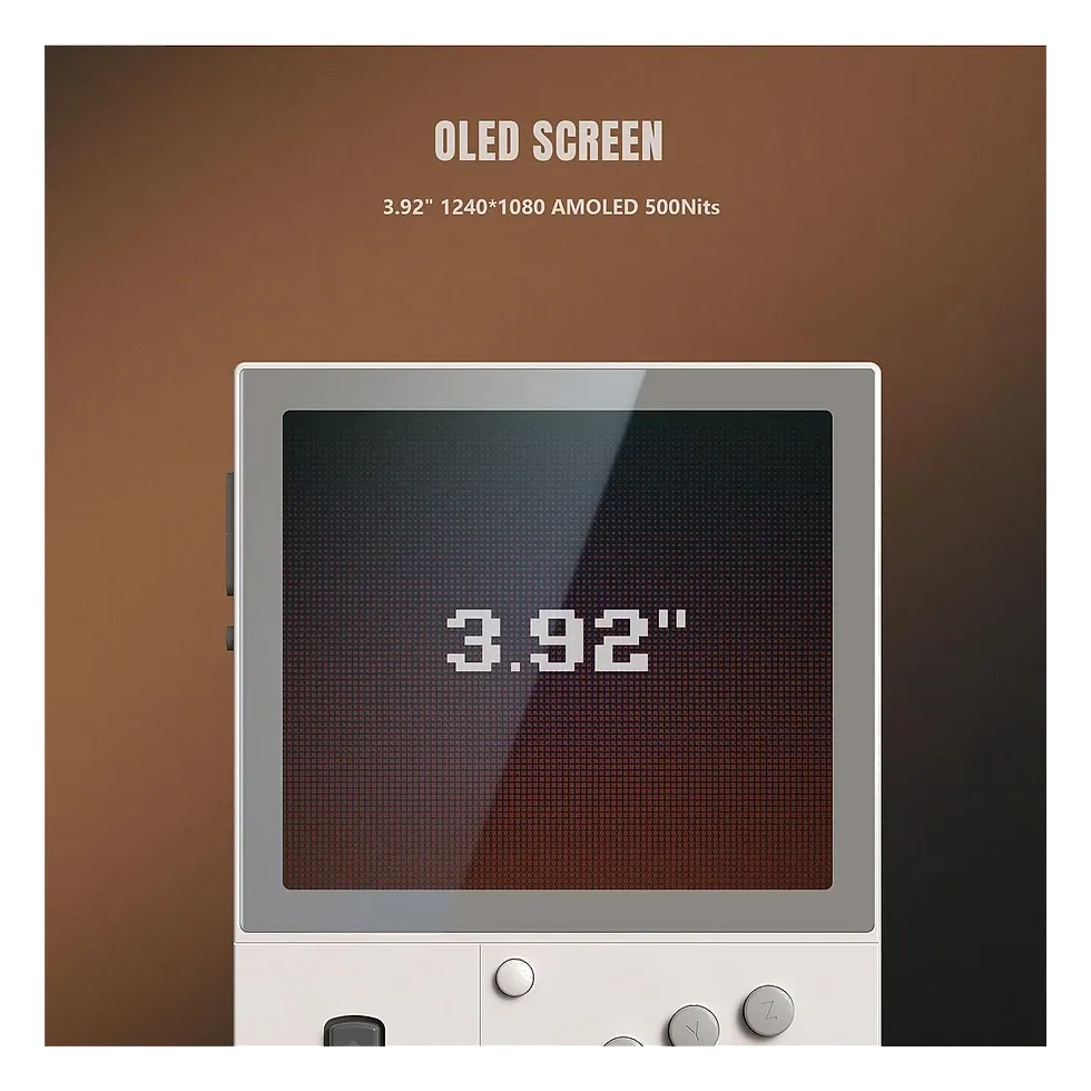 Slide de produto detalhando a tela AMOLED de 3,92 polegadas do Retroid Pocket Classic com resolução 1240x1080 e 500 nits