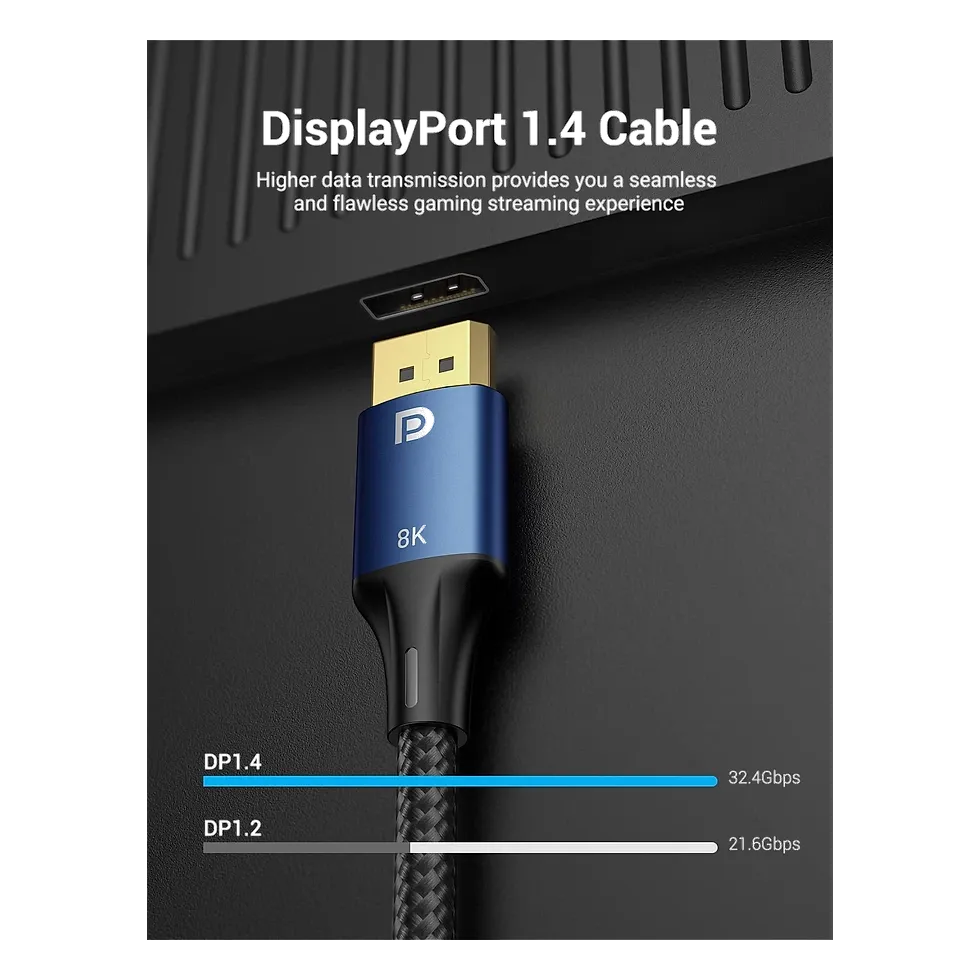 Cabo DisplayPort Vention enrolado mostrando trança de nylon e conector dourado