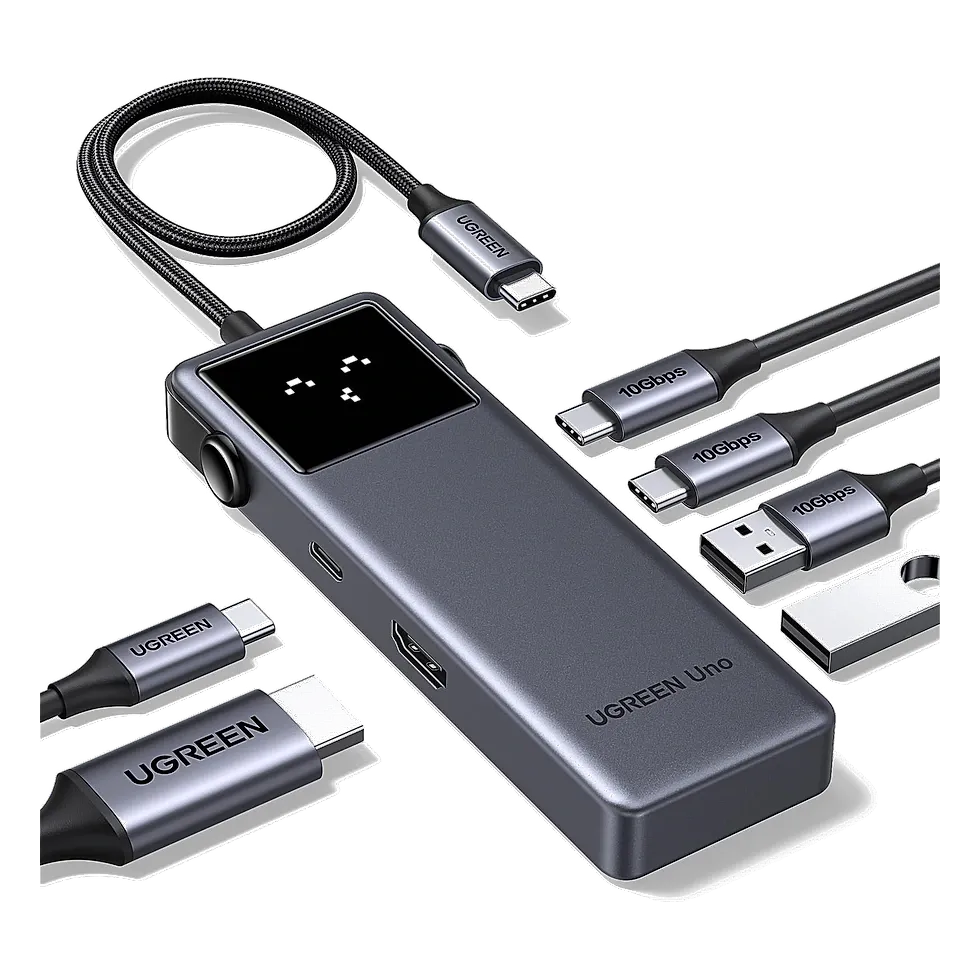 UGREEN Uno hub USB-C compacto com cabo embutido e painel de LED na lateral