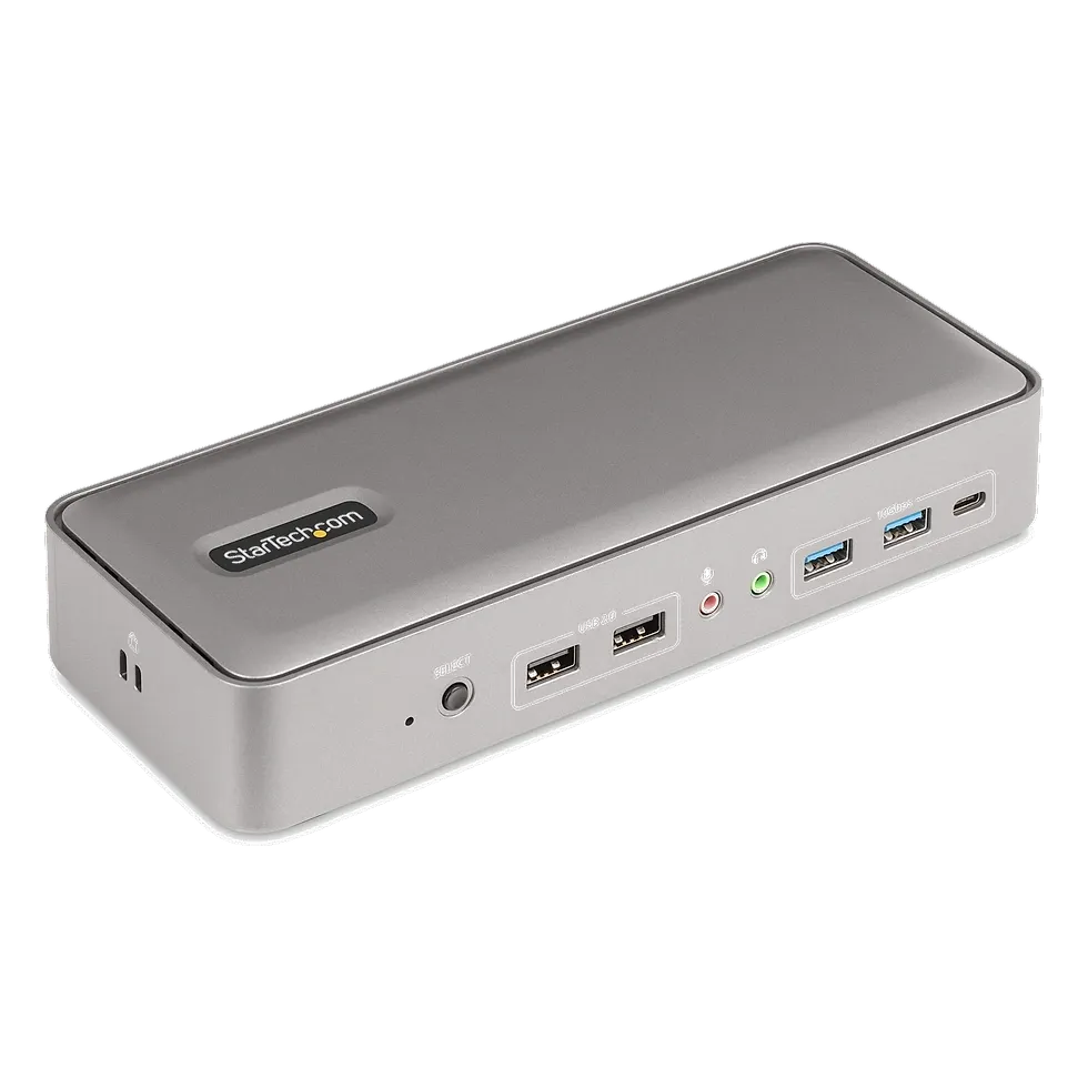 StarTech KVM dock cinza com botão de seleção de fonte, portas USB e conector USB-C