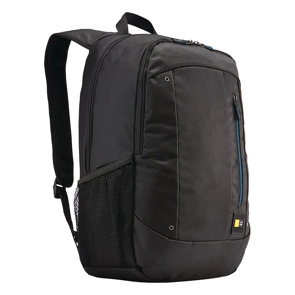 Mochila Case Logic Jaunt preta vista de frente com bolso lateral de malha e bolso frontal com zíper