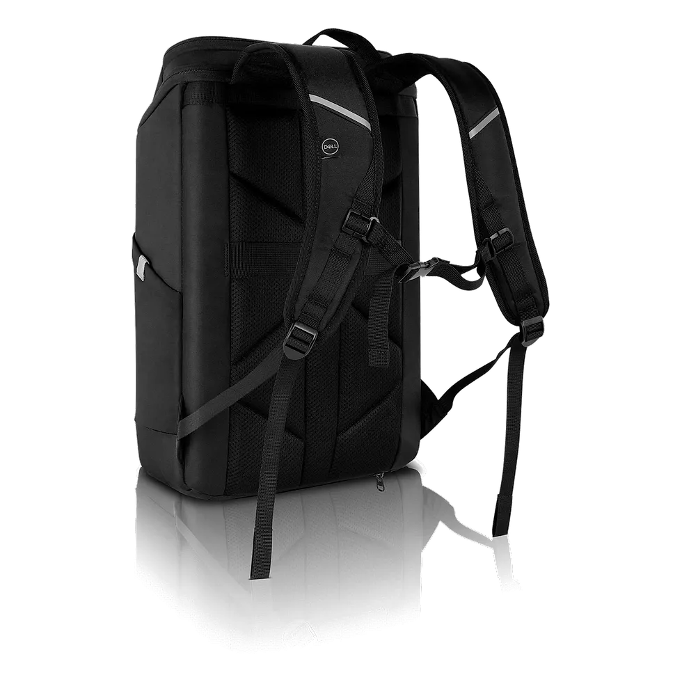 Mochila Dell Gaming 140T preta vista de trás mostrando alças acolchoadas, tira refletiva e parte traseira estruturada