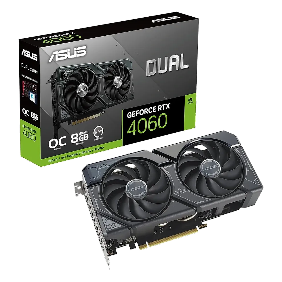 ASUS Dual GeForce RTX 4060 OC Edition 8GB GDDR6 com dois coolers e acabamento azul e preto