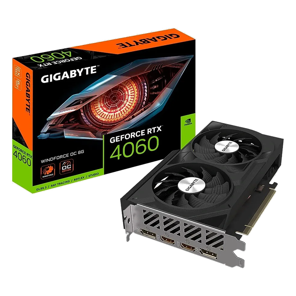 Gigabyte GeForce RTX 4060 Windforce OC 8GB GDDR6 com três ventoinhas em design compacto cinza e preto