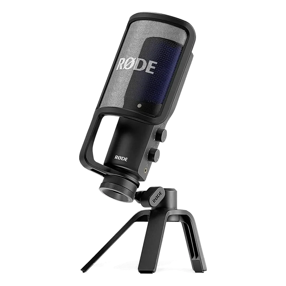 Rode NT-USB+ — microfone condensador USB de estúdio com suporte de mesa e filtro pop
