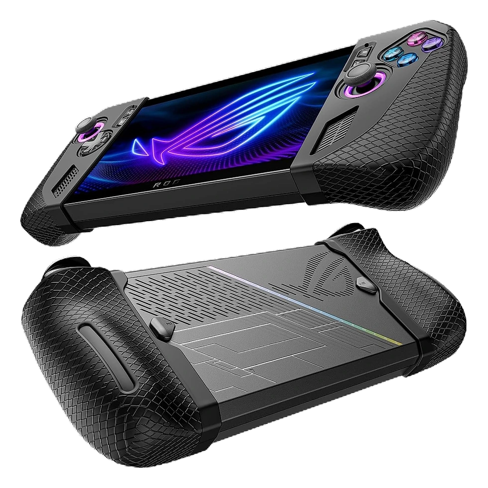 Case de silicone preto texturizado da JSAUX encaixado nos grips de um ROG Ally, vista frontal e traseira