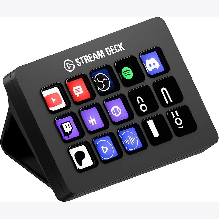 Elgato Stream Deck MK.2 sobre mesa com teclas LCD iluminadas e ícones de controle de stream