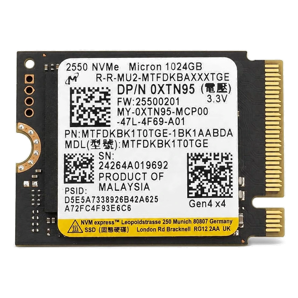 SSD NVMe M.2 2230 de 1 TB com etiqueta branca e conector dourado, fundo branco