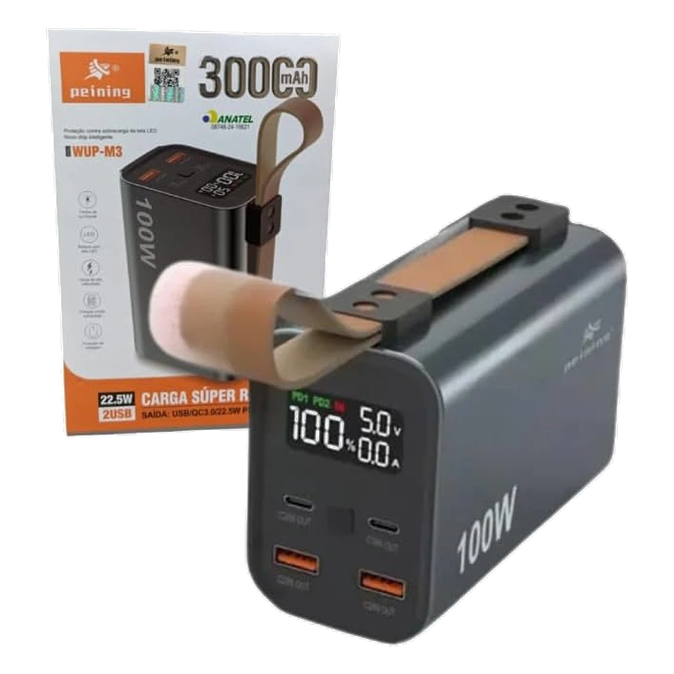 Power bank preto de 30.000mAh com display mostrando 100% de carga e saída de 100W
