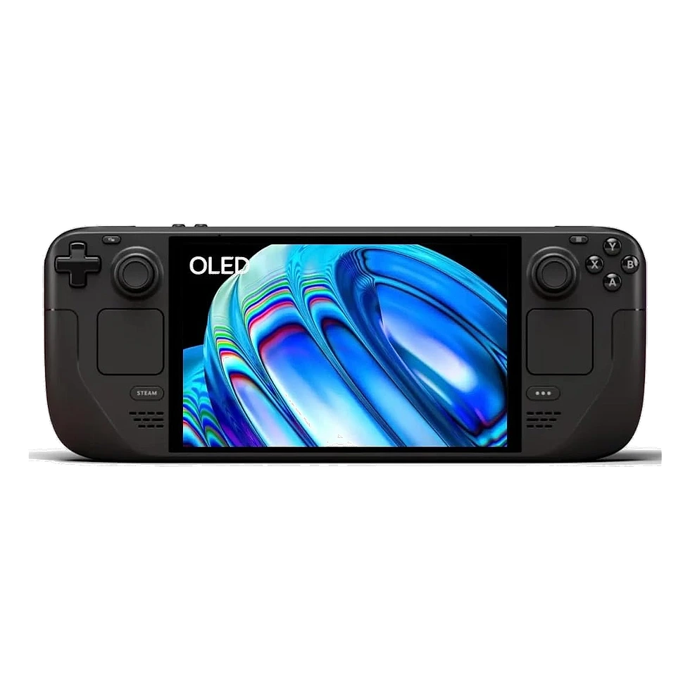 Steam Deck OLED com a tela ligada mostrando o brilho e o contraste do painel