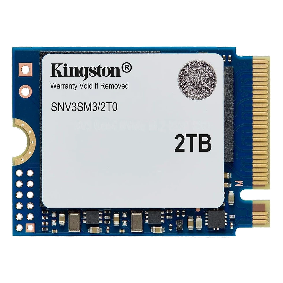 SSD Kingston NV3 M.2 2230 de 2TB visto de cima, com a etiqueta da placa em destaque
