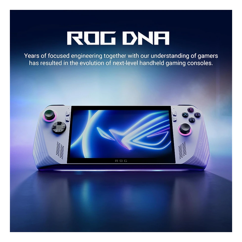 ROG Ally branco em still promocional da Asus, com iluminação azul e roxa ao fundo