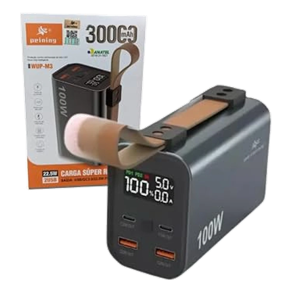 Power bank preto de 30.000mAh com display digital mostrando 100% de carga e saída de 100W