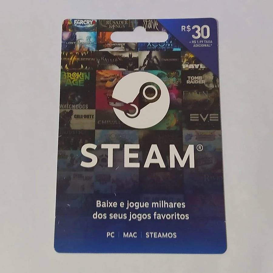 Cartão-presente Steam R$ 30 lacrado, com capa ilustrada de jogos e logo da Steam