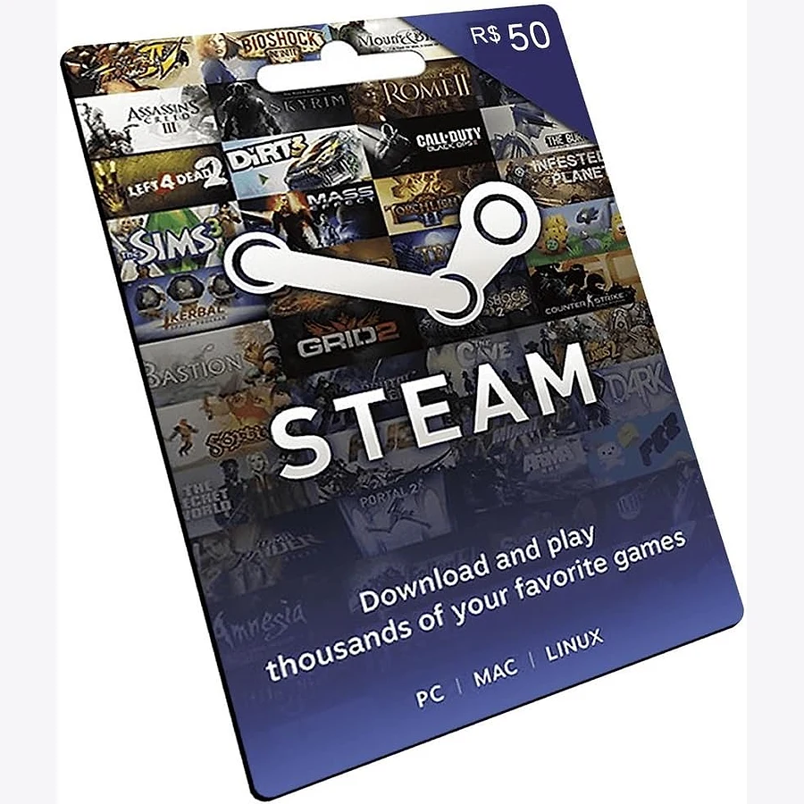 Cartão-presente Steam R$ 50 lacrado, com capa ilustrada de jogos e logo da Steam