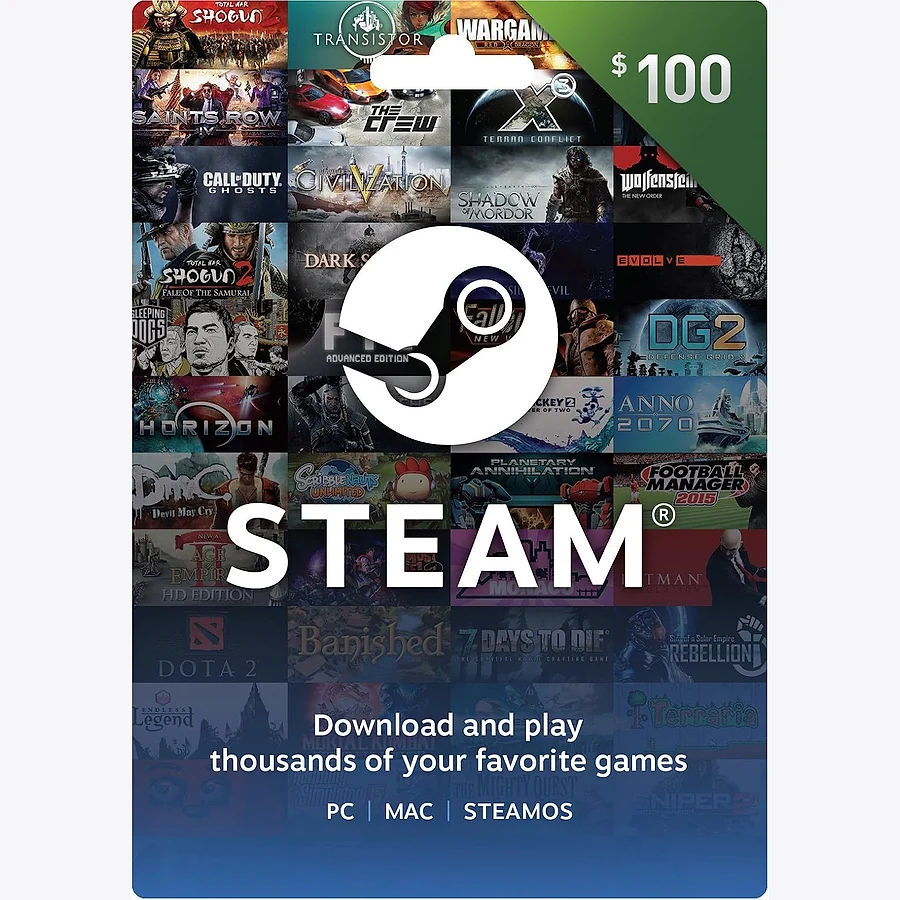 Cartão-presente Steam R$ 100 lacrado, com capa ilustrada de jogos e logo da Steam