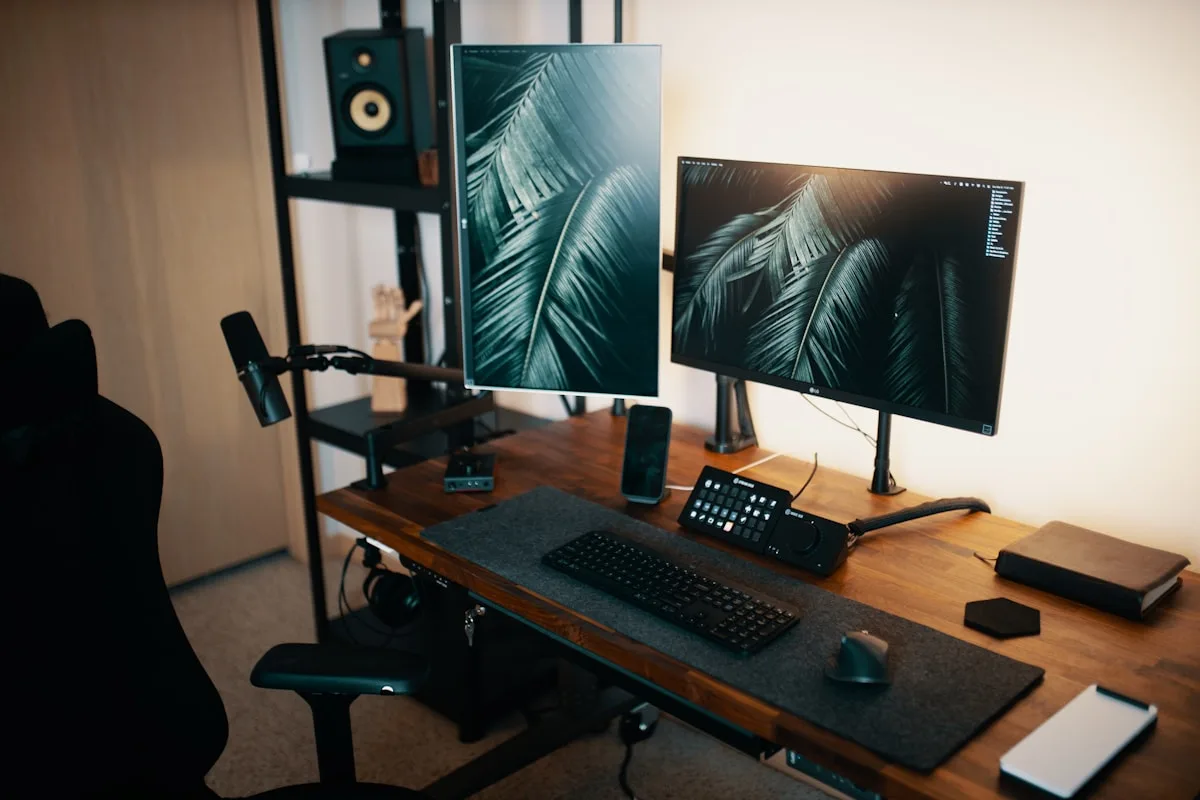 Mecanismo de um suporte de monitor articulado Detalhe do pistão a gás e das juntas móveis de um braço articulado de monitor preso à mesa