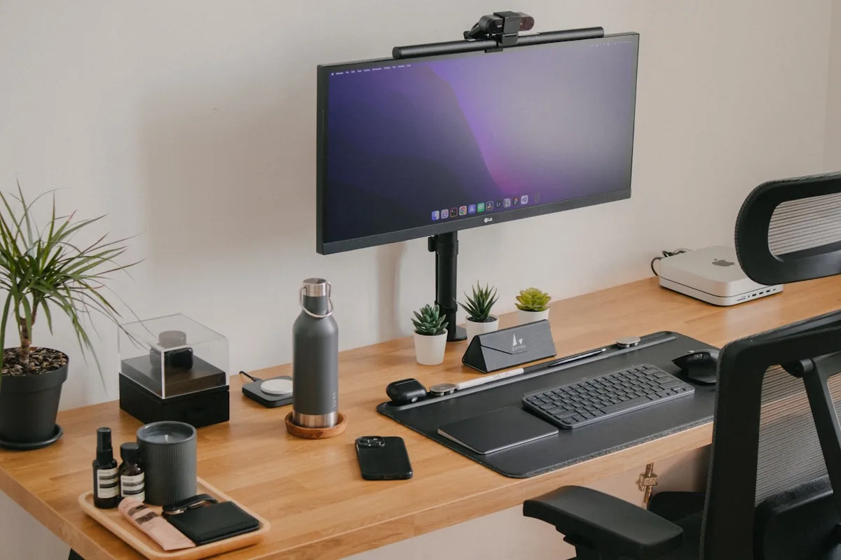 Suporte duplo de monitor em setup organizado Mesa organizada com dois monitores presos por braços articulados independentes lado a lado