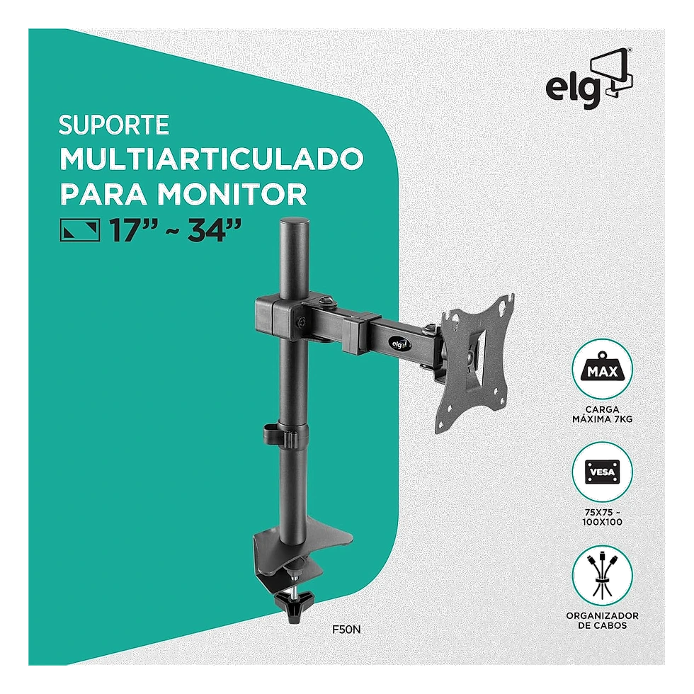 ELG F50N suporte articulado simples para monitor com fixação por grampo de mesa