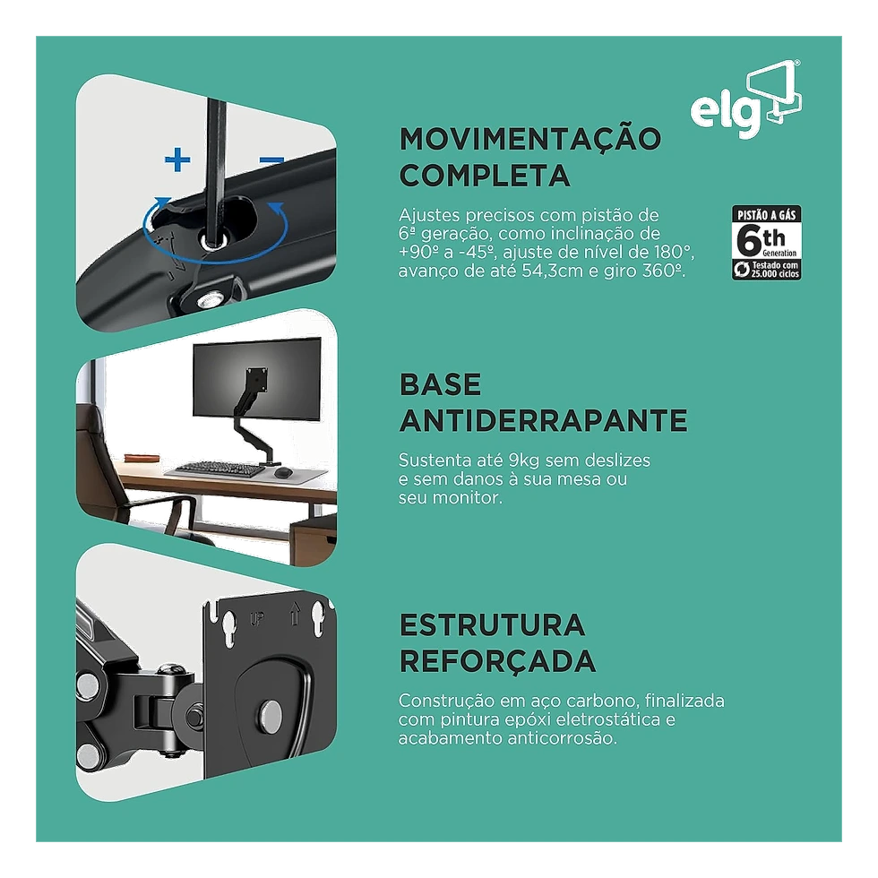 ELG F80N suporte compacto e retrátil com pistão a gás para monitor
