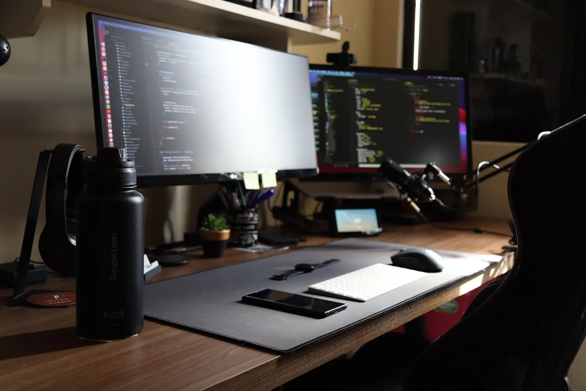 Setup de multitarefa com dois monitores no suporte duplo ELG FH160N Dois monitores organizados lado a lado sobre mesa de escritório com suporte duplo articulado