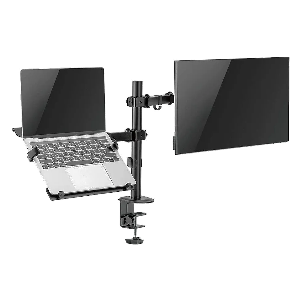 Central Suportes TM24C com braço de monitor e bandeja de notebook na mesma base