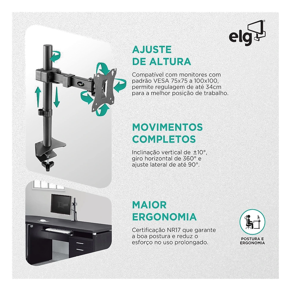 ELG F50N suporte articulado simples de entrada para um monitor com fixação por grampo