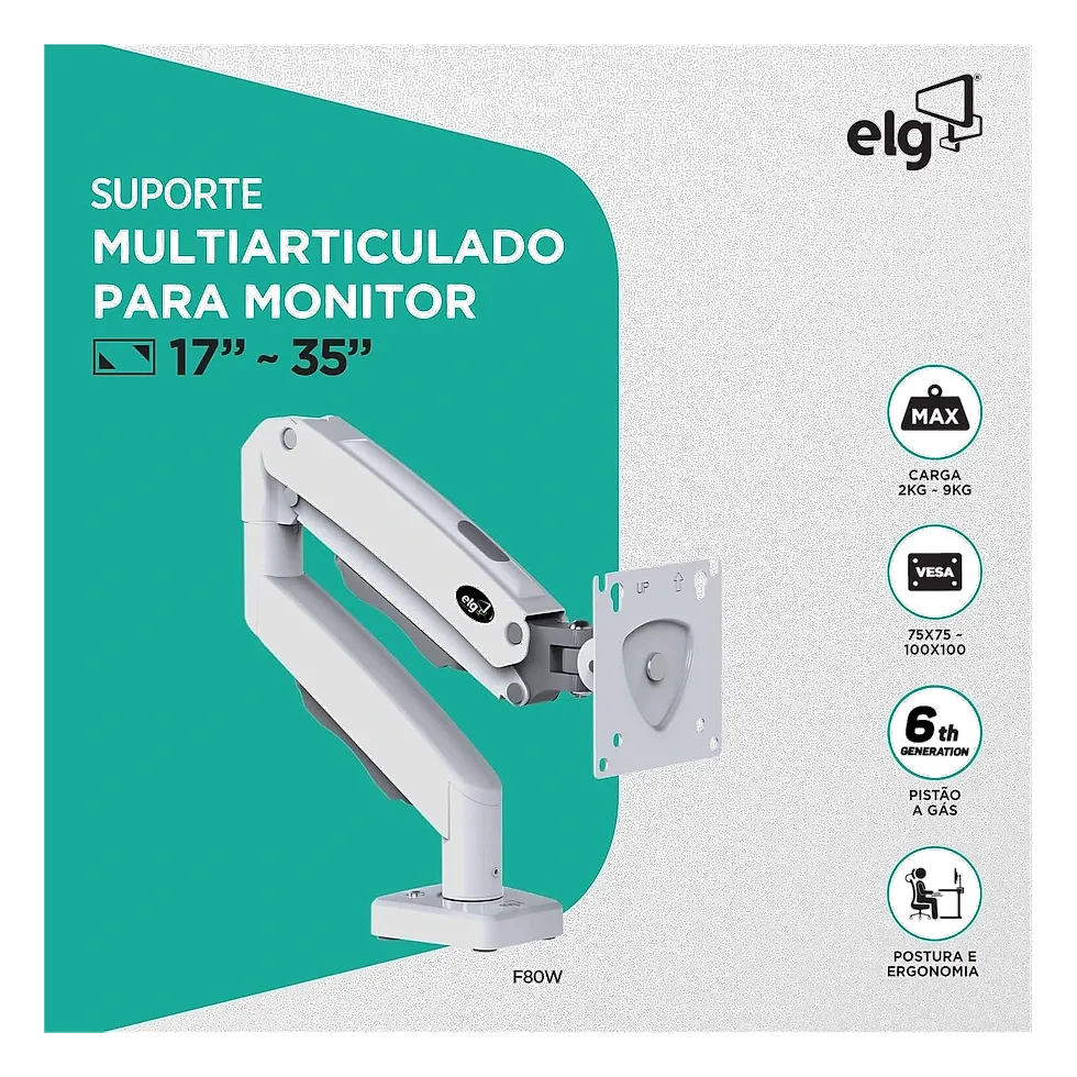 ELG F80W suporte articulado de mesa branco com pistão a gás e grampo