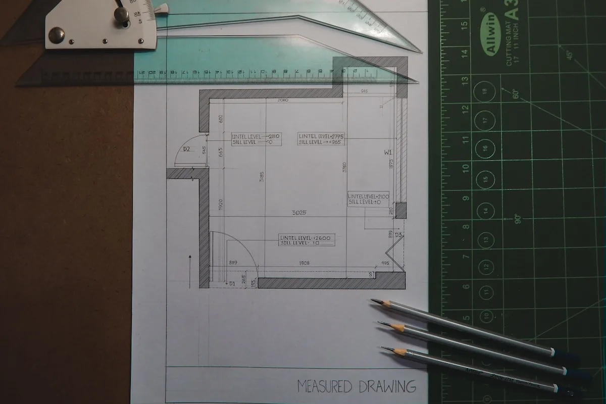 Medindo distâncias num projeto técnico Régua e esquadros sobre um desenho técnico de planta baixa com medidas de ambientes marcadas